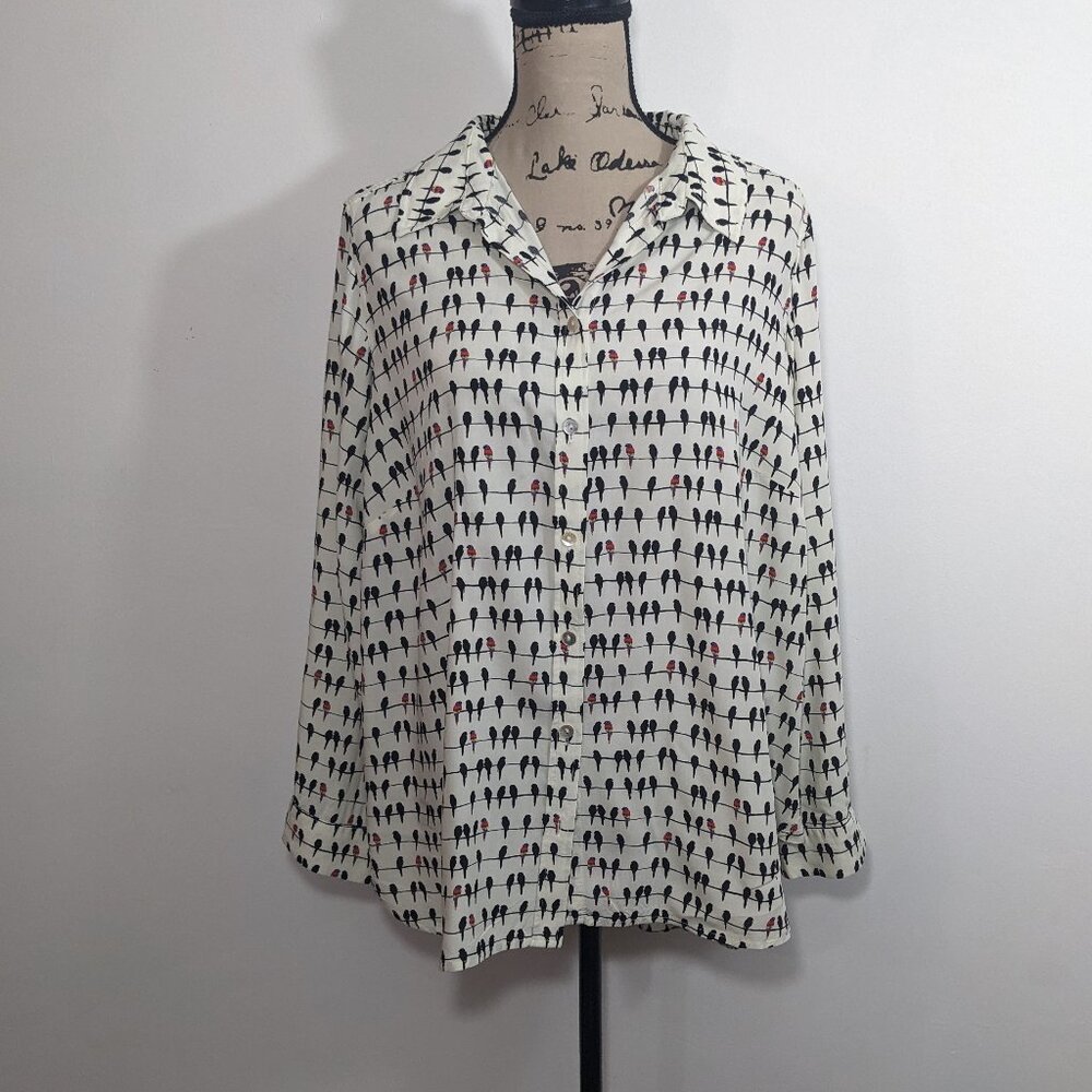 Jane and Delancey Top Parrot Print 1X Button Down Roll Tab Hi-Lo Birds On A Wire